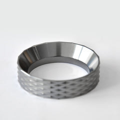 A close-up top-angle view of WENDOUGEE 58mm precision espresso dosing ring showcasing its wide-mouth funnel slope and diamond cut non-slip outer grip.