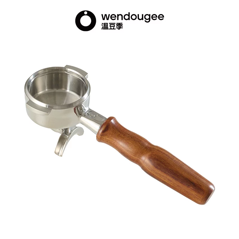 Angle view of wendougee premium double spout portafilter with an ergonomic grip handle for espresso machines.