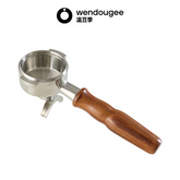 Angle view of wendougee premium double spout portafilter with an ergonomic grip handle for espresso machines.