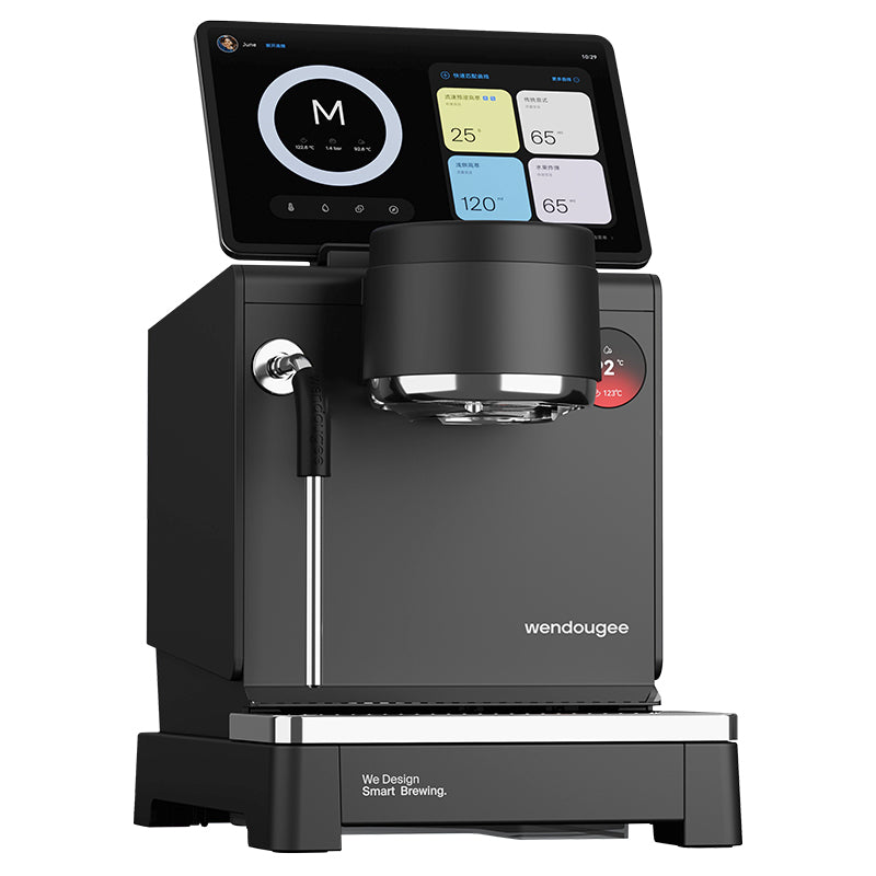 Minimalist black digital espresso machine showing smart brewing application interface