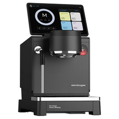 Minimalist black digital espresso machine showing smart brewing application interface