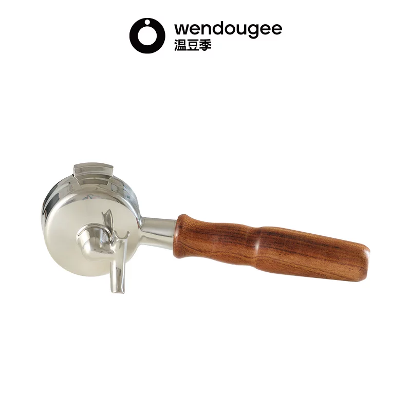 Horizontal profile view of the wendougee dual shot portafilter showcasing the handle alignment and spout clearance.